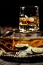 a glass of whiskey, brandy, rum on the bar, a lot of alcohol lime Royalty Free Stock Photo