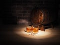 Glass of whiskey , Cigar and old oak barrel Royalty Free Stock Photo