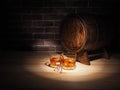 Glass of whiskey , Cigar and old oak barrel Royalty Free Stock Photo