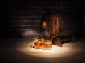 Glass of whiskey , Cigar and old oak barrel Royalty Free Stock Photo