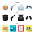 A glass of whiskey, a gun, binoculars, a letter in an envelope.Detective set collection icons in cartoon,black,flat Royalty Free Stock Photo
