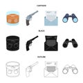 A glass of whiskey, a gun, binoculars, a letter in an envelope. Detective set collection icons in cartoon, black, outline Royalty Free Stock Photo