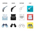 A glass of whiskey, a gun, binoculars, a letter in an envelope.Detective set collection icons in cartoon,black,outline Royalty Free Stock Photo