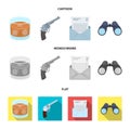 A glass of whiskey, a gun, binoculars, a letter in an envelope.Detective set collection icons in cartoon,flat,monochrome Royalty Free Stock Photo