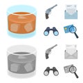 A glass of whiskey, a gun, binoculars, a letter in an envelope.Detective set collection icons in cartoon,monochrome Royalty Free Stock Photo