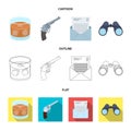 A glass of whiskey, a gun, binoculars, a letter in an envelope.Detective set collection icons in cartoon,outline,flat Royalty Free Stock Photo