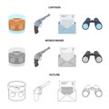 A glass of whiskey, a gun, binoculars, a letter in an envelope.Detective set collection icons in cartoon,outline Royalty Free Stock Photo