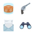 A glass of whiskey, a gun, binoculars, a letter in an envelope.Detective set collection icons in cartoon style vector Royalty Free Stock Photo