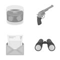 A glass of whiskey, a gun, binoculars, a letter in an envelope.Detective set collection icons in monocrome style vector