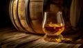 Glass of Whiskey with Ice Cube in front of an Oak Wooden Barrel - Generative Ai Royalty Free Stock Photo