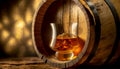 Glass of Whiskey with Ice Cube on an Oak Wooden Barrel - Generative Ai Royalty Free Stock Photo