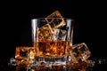 Glass of whiskey with ice cubes on black background. Close up, lass of whiskey with ice cubes on plain background, AI Generated