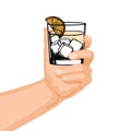A glass of whiskey with ice cubes in a man\'s hand. Drinks illustration