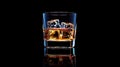 A glass with whiskey and ice cubes stands on a minimalistic black background on the left