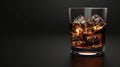 A glass with whiskey and ice cubes stands on a minimalistic black background on the left