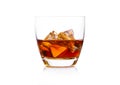 Glass of whiskey with ice cubes on white. Cognac brandy drink Royalty Free Stock Photo