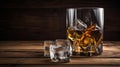 Glass of whiskey with ice cubes on the wooden barrel with wooden background Royalty Free Stock Photo