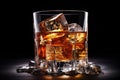 Glass of whiskey with ice cubes on wooden table. Black background, lass of whiskey with ice cubes on plain background, AI