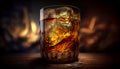 Glass of whiskey with ice cubes on a wooden table and Bokeh. Alcoholism concept. Addicting to alcoholic drink. Generative AI