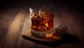 Glass of whiskey with ice cubes on a wooden table and Bokeh. Alcoholism concept. Addicting to alcoholic drink. Generative AI