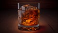 Glass of whiskey with ice cubes on a wooden table and Bokeh. Alcoholism concept. Addicting to alcoholic drink. Generative AI