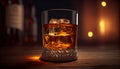 Glass of whiskey with ice cubes on a wooden table and Bokeh. Alcoholism concept. Addicting to alcoholic drink. Generative AI