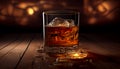 Glass of whiskey with ice cubes on a wooden table and Bokeh. Alcoholism concept. Addicting to alcoholic drink. Generative AI