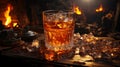 Glass cocktail ice with fire in the background, Generative AI Royalty Free Stock Photo