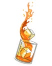 Glass of whiskey with ice isolated on transparent background. Realistic vector glass with smokey scotch whiskey and ice