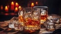 Glass of whiskey on an old wooden table. Alcohol drink, splash, ice cube Royalty Free Stock Photo