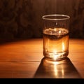 Juxtaposition Of Light And Shadow: A Glass Of Liquid On A Wooden Table