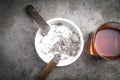 Glass of whisky, ashtray and cigars on the table Royalty Free Stock Photo