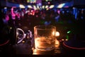 Glass with whisky with ice cube inside on dj controller at nightclub. Dj Console with club drink at music party in nightclub with Royalty Free Stock Photo