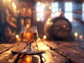 glass of whisky positioned elegantly on a rustic wooden table, with a whisky barrel visible in the background. AI generative