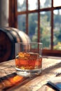 glass of whisky positioned elegantly on a rustic wooden table, with a whisky barrel visible in the background. AI generative