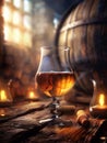 glass of whisky positioned elegantly on a rustic wooden table, with a whisky barrel visible in the background. AI generative