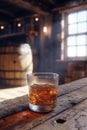 glass of whisky positioned elegantly on a rustic wooden table, with a whisky barrel visible in the background. AI generative