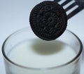 A glass of white milk and black biscuit