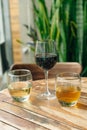 Glass of white and red wine on vintage wooden table Royalty Free Stock Photo