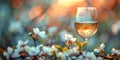 Glass of white wine in apple blossom garden in spring. Generative AI Royalty Free Stock Photo