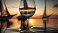 Glass of white wine on the background of the sea and sunset. Royalty Free Stock Photo