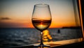 Glass of white wine on the background of the sea and sunset. Royalty Free Stock Photo