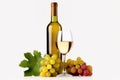 Glass of white wine, bottle and grapes on white background Royalty Free Stock Photo