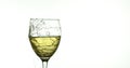 Glass of White Wine Breaking and Splashing against White Background Royalty Free Stock Photo