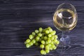 A glass of white wine with cheese cuts, figs, nuts, honey, grapes on a dark rustic wooden boards background Royalty Free Stock Photo
