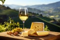 Glass of white wine, cheese, and grapes amidst the vineyard, wine production