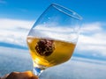 A glass of white wine with cherries against the blue sky. Royalty Free Stock Photo