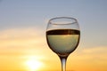 Glass with white wine on sunset background Royalty Free Stock Photo
