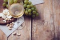 Glass of white wine, grapes, cashew nuts and soft cheese Royalty Free Stock Photo