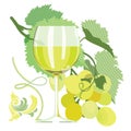 Glass of white wine, grapes, grape leaves Royalty Free Stock Photo